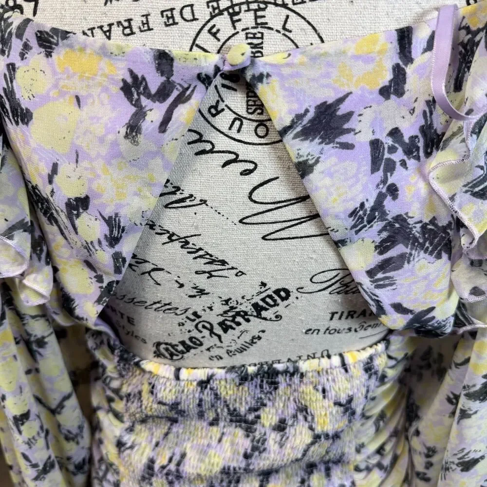 Free People Mabel Floral Tie Blouse Lilac Balloon Sleeve Sz S Boho Cottage